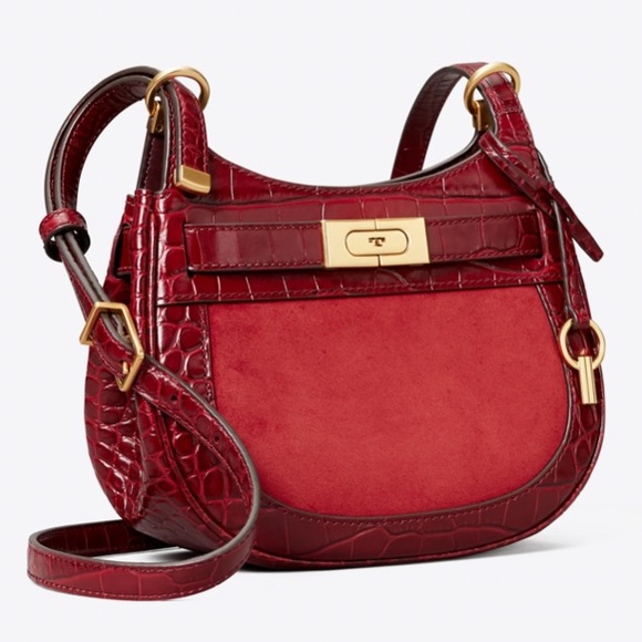 TORY BURCH LEE RADZIWILL SADDLE BAG CROC EMBOSSED LEATHER & SUEDE IN ROMA RED - Picture 2 of 13